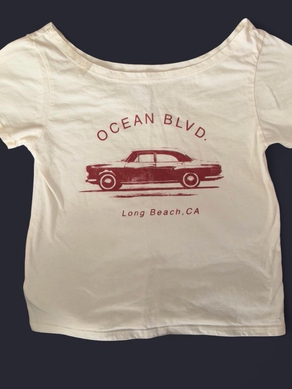 Cream Graphic Crop Top with Red Car Print